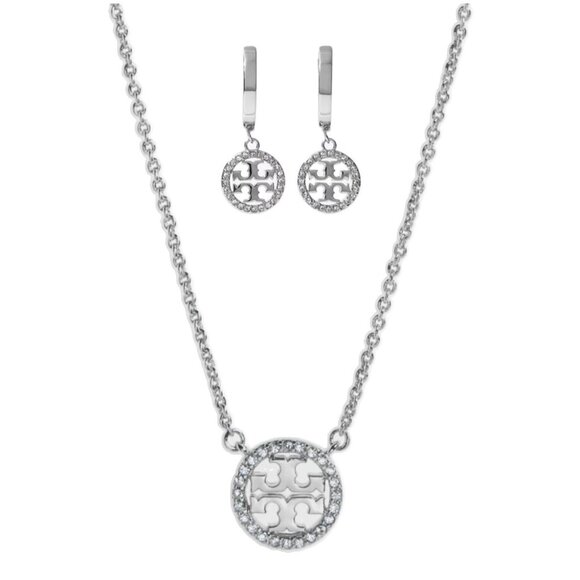Tory Burch Silver Miller Logo Pave Chainlink Necklace & Dangle Earring Set - Picture 2 of 10